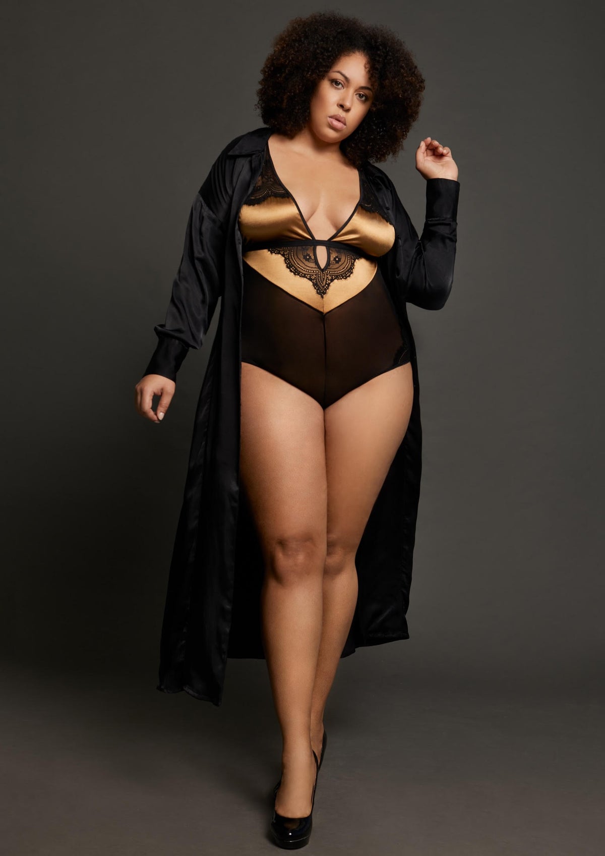 Gold and Black Plus Size Mesh Teddy  Classy Bodysuit for Curvy Women –  Sydney